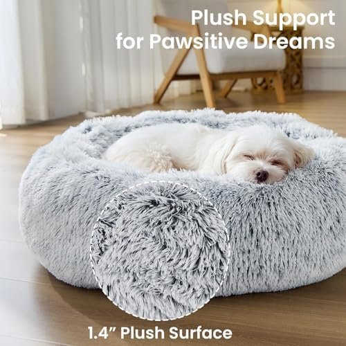 JOLLYVOGUE Small Dog Bed, Calming Dog Beds for Small Dogs & Indoor Cats - 20 Inches Donut Washable Cat Bed for Kittens & Puppies, Round Fluffy Plush Faux Fur Pet Beds(Smoke Grey) : Pet Supplies - Image 4