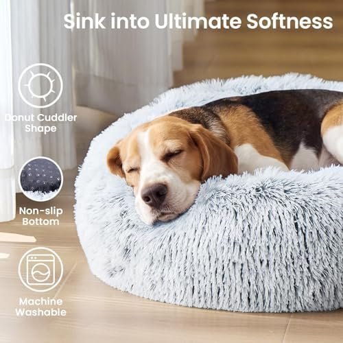JOLLYVOGUE Small Dog Bed, Calming Dog Beds for Small Dogs & Indoor Cats - 20 Inches Donut Washable Cat Bed for Kittens & Puppies, Round Fluffy Plush Faux Fur Pet Beds(Smoke Grey) : Pet Supplies - Image 2