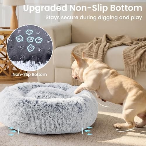 JOLLYVOGUE Small Dog Bed, Calming Dog Beds for Small Dogs & Indoor Cats - 20 Inches Donut Washable Cat Bed for Kittens & Puppies, Round Fluffy Plush Faux Fur Pet Beds(Smoke Grey) : Pet Supplies - Image 5