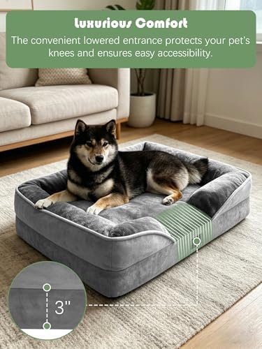 Spotted Play Orthopedic Dog Bed with Sides - Dog Sofa Beds for Medium Dogs, Supportive Foam Pet Couch Bed with Washable Removable Cover, Waterproof Lining and Non-Slip Bottom, Grey - M : Pet Supplies - Image 3