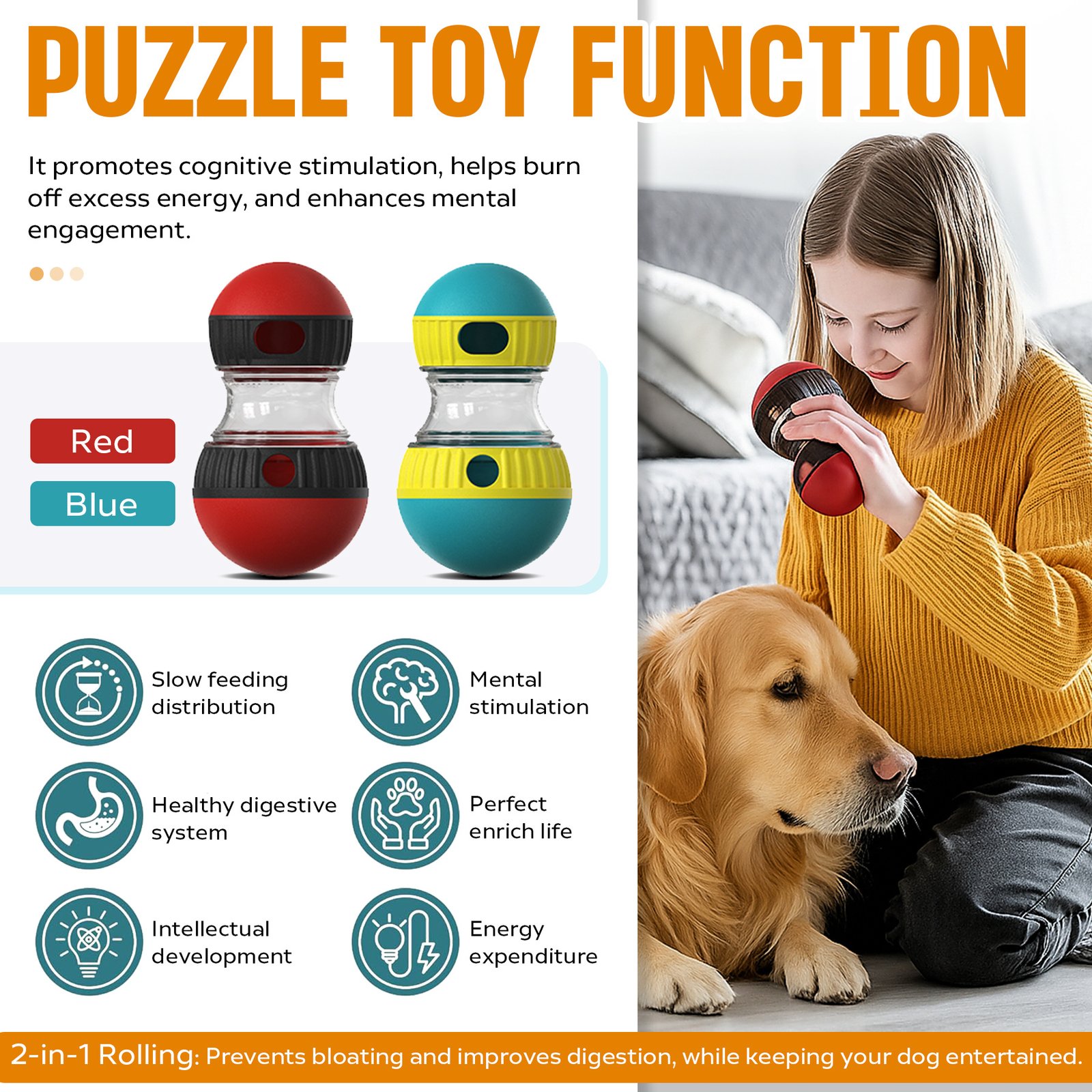 Dog Puzzle Toy, Adjustable Treat Dispensing Ball Food Dispenser Tough Slow Feeder Puppy Enrichment Training Toy Pet Interactive Chase Toys For Small Medium Large Dogs - Image 3
